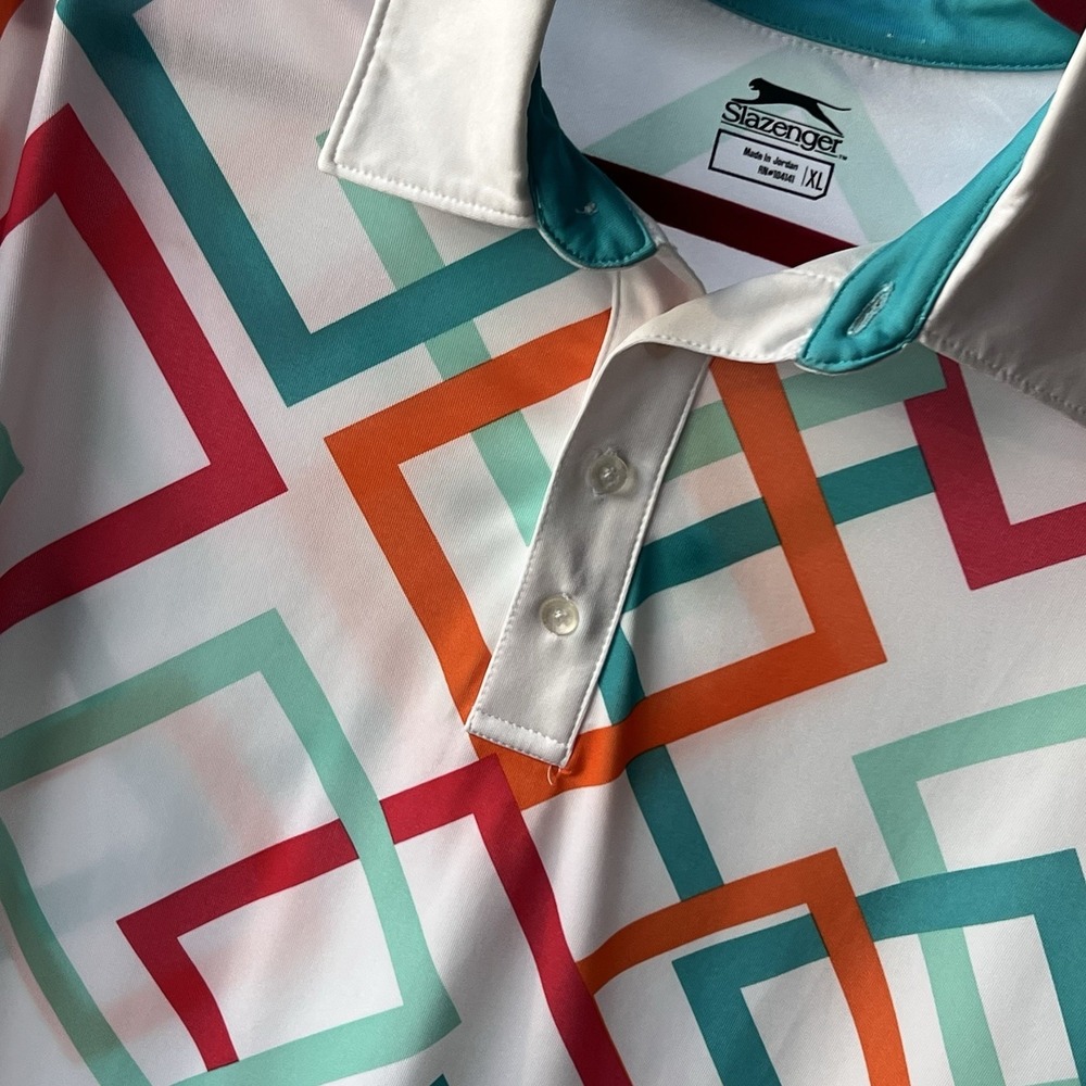 Slazenger Golf Polo Shirt Geometric Square Print White Teal Mens XL Performance